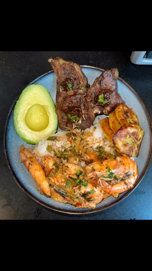 Lamb loin chops with shrimp and the works.