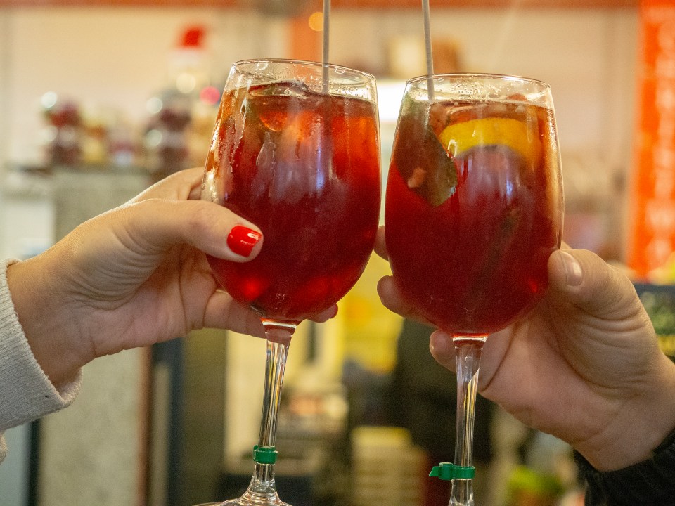 Couple toasting with two glasses of red wine.