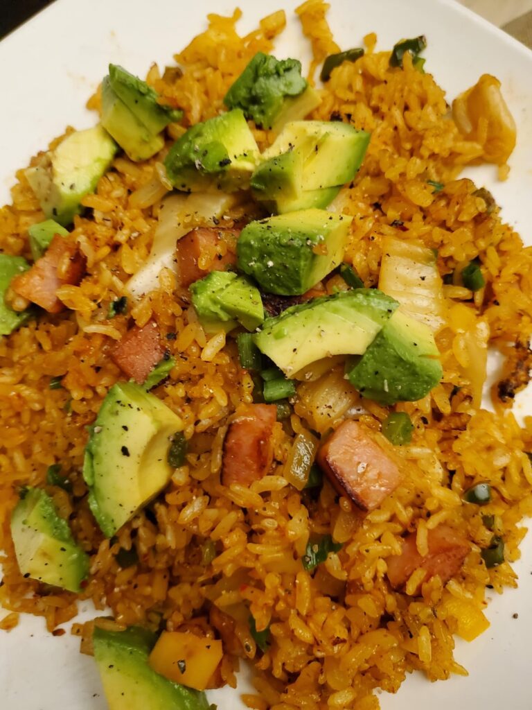 I added avocado to my kimchi spam fried rice to make it healthy.