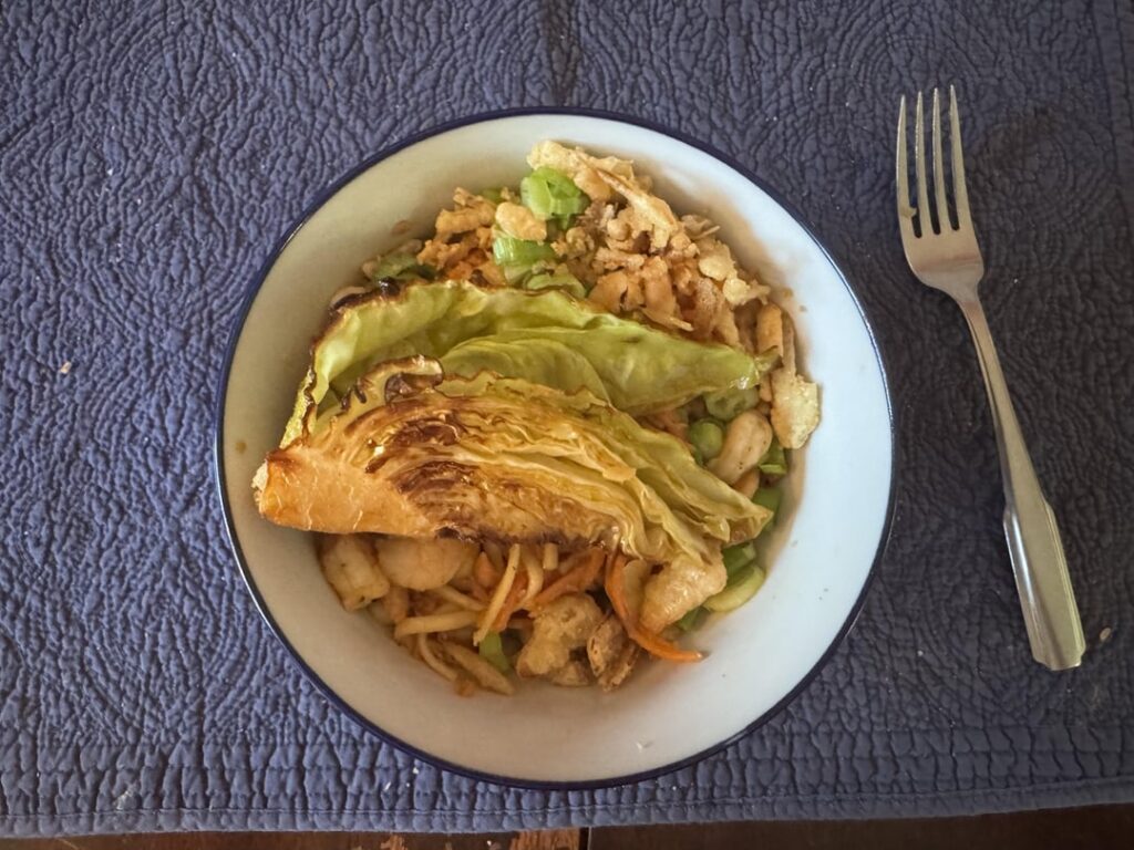 Miso Butter-Braised Cabbage Over Shrimp Lo-Mein