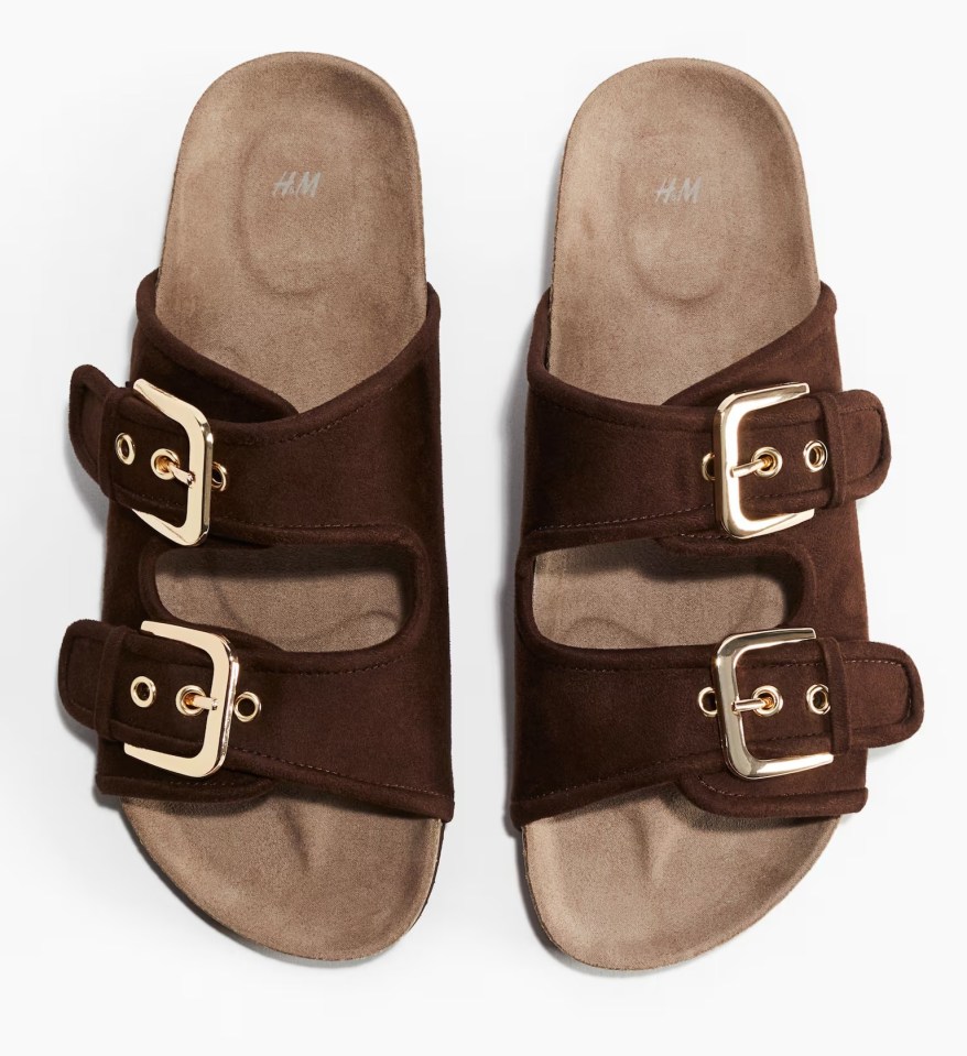 Brown sandals with gold buckles.