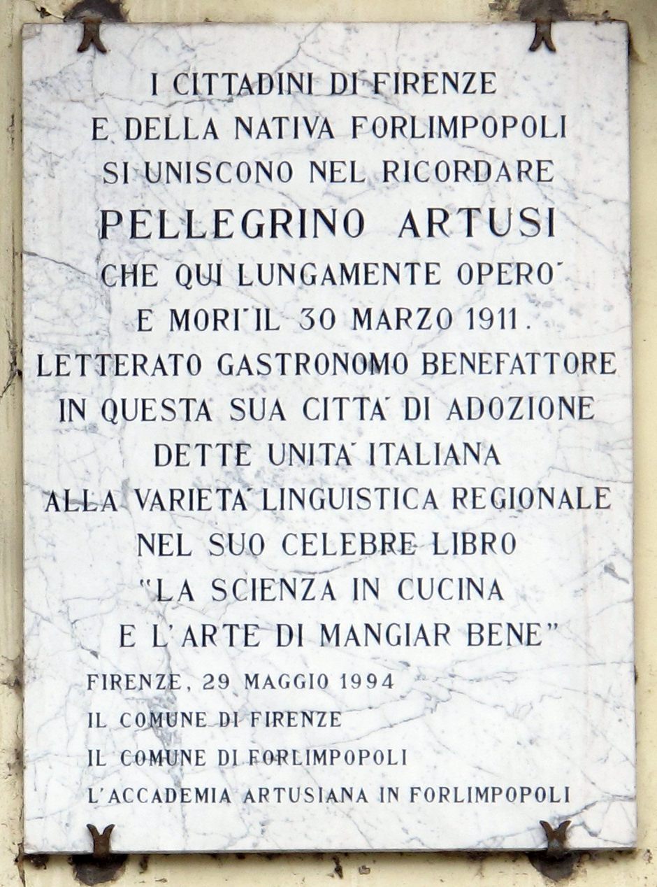 Artusi's epitaph reads, in part:  “in this his adopted city [Florence], he gave Italian unity to the regional linguistic variety in his famous book.”
