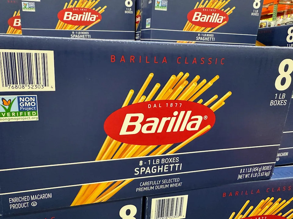Boxes of Barilla pasta on display at Costco.