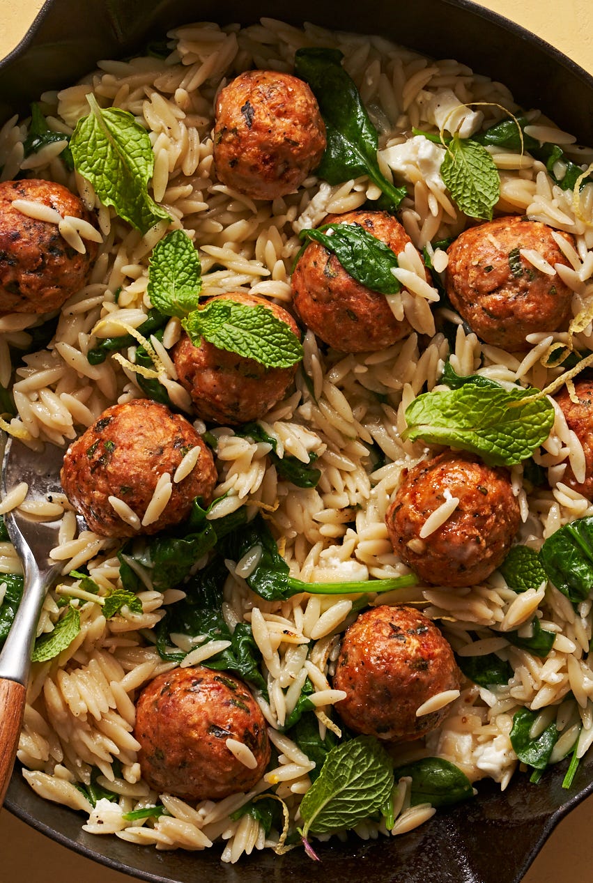 baked minty meatballs with lemony orzo