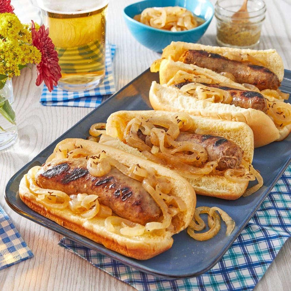 dishes at a midwestern potluck beer brats