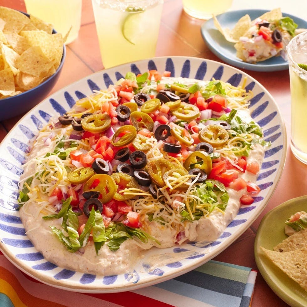 dishes at a midwestern potluck taco dip