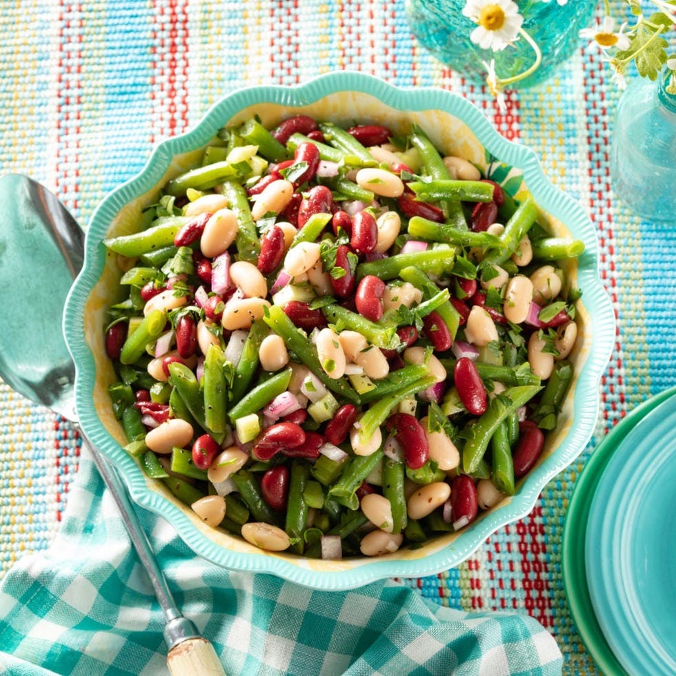 dishes at a midwestern potluck three bean salad