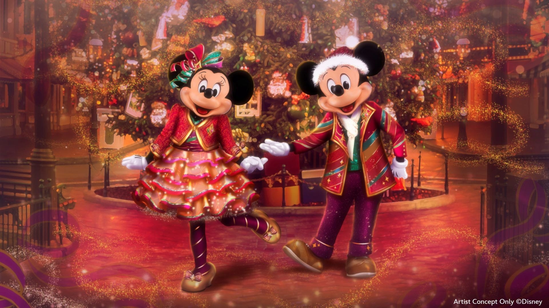 Concept art of Minnie Mouse and Mickey Mouse in festive holiday outfits as they stand smiling in front of a decorated Christmas tree.