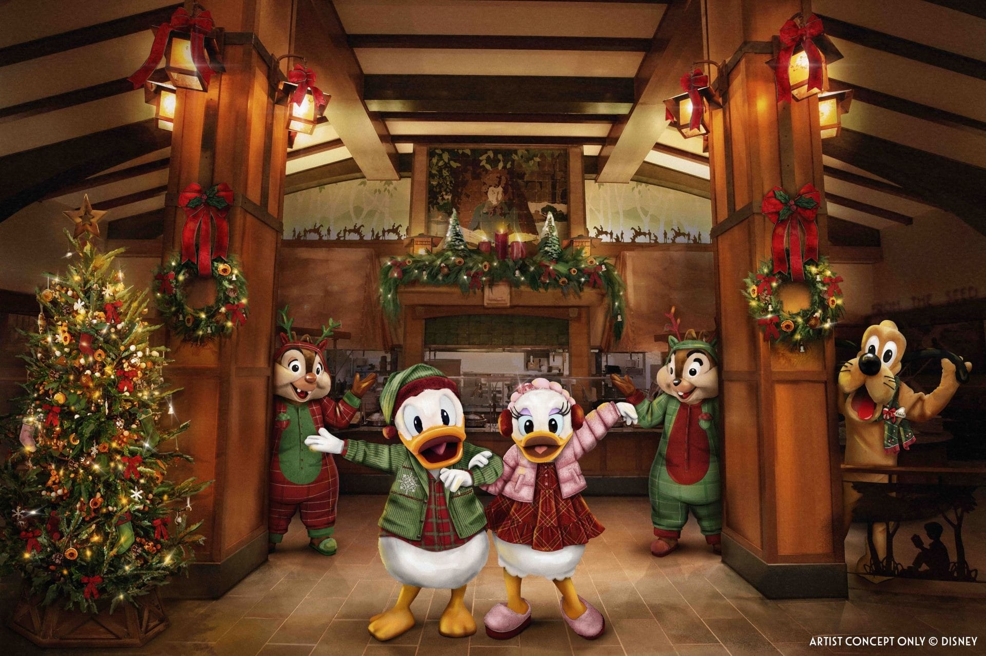 Concept art of Dale, Donald Duck, Daisy Duck, Chip, and Pluto dressed in festive attire, posing in a warmly-lit room decorated for the holidays.