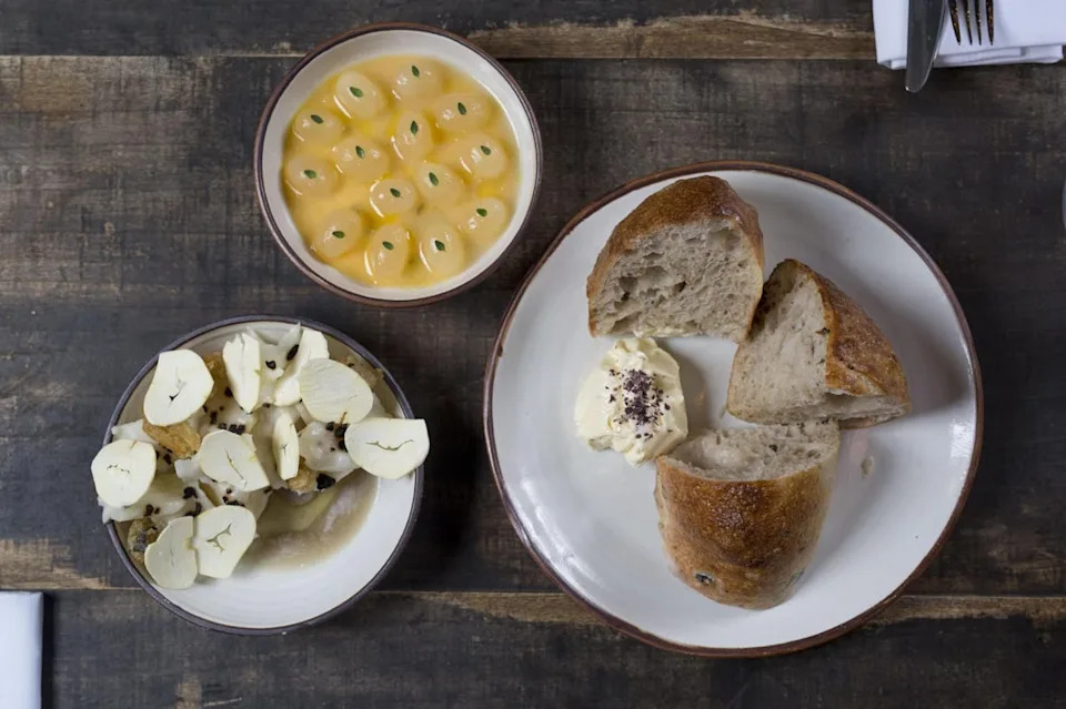 Fat of the moment: roasted lamb fat with seaweed bread, alongside baked celeriac, and walnut custard (Vicki Couchman)