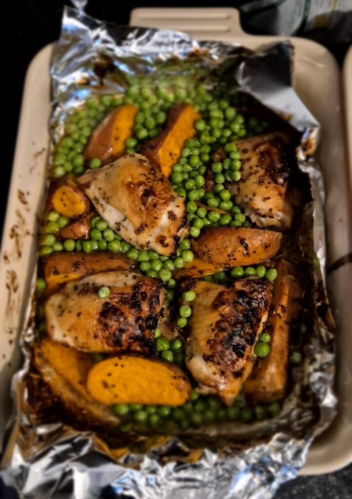 Honey mustard Chicken thighs, sweet potato and peas