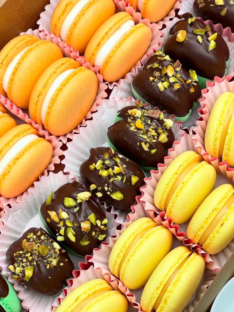 Apricot, Dubai Chocolate and Passionfruit Ganache Macarons