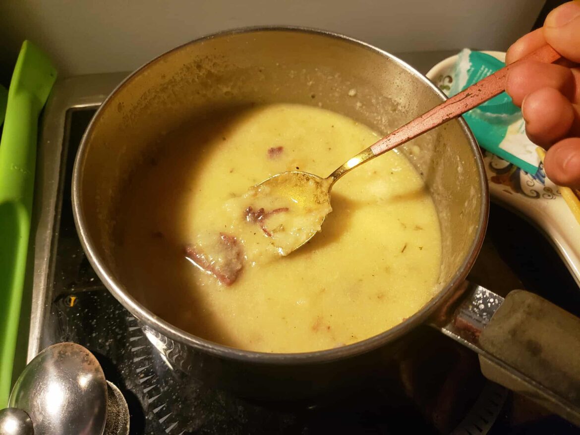 Beef and Potato Au Gratin soup... made primarily from beef jerky and potato chips.