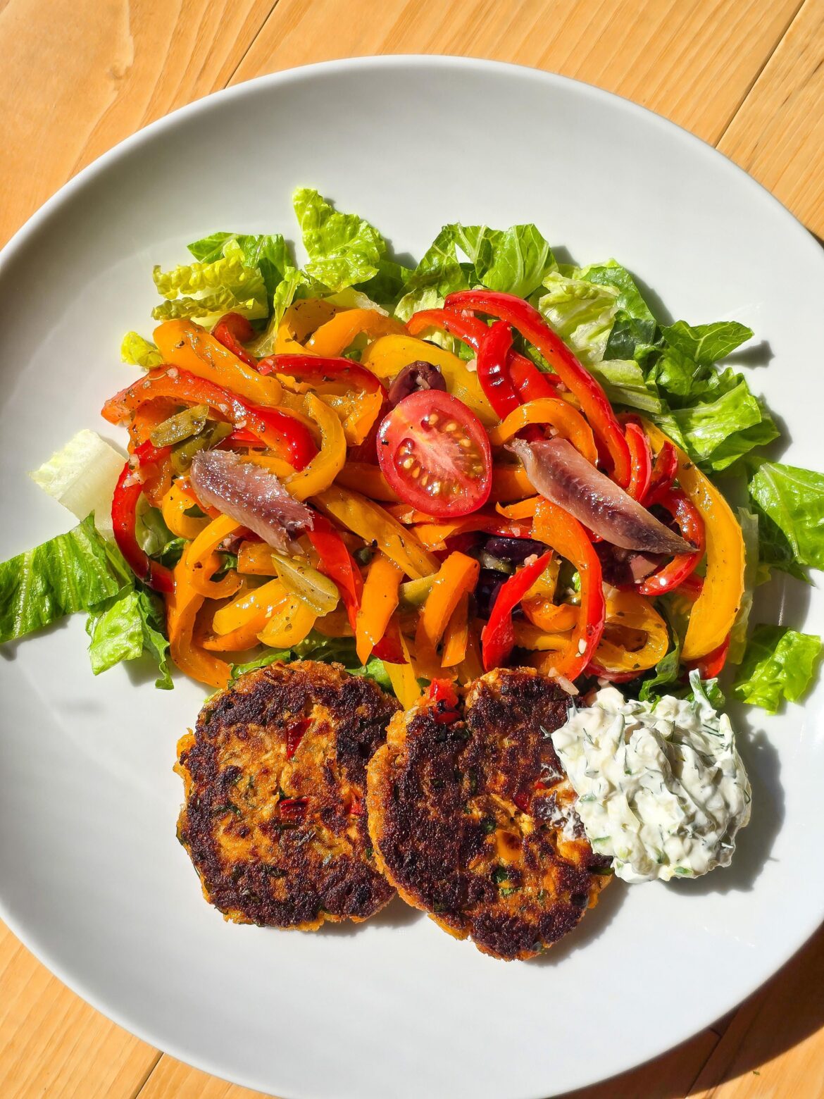 Salmon Cakes, Tzatziki and Bell Pepper Salad
