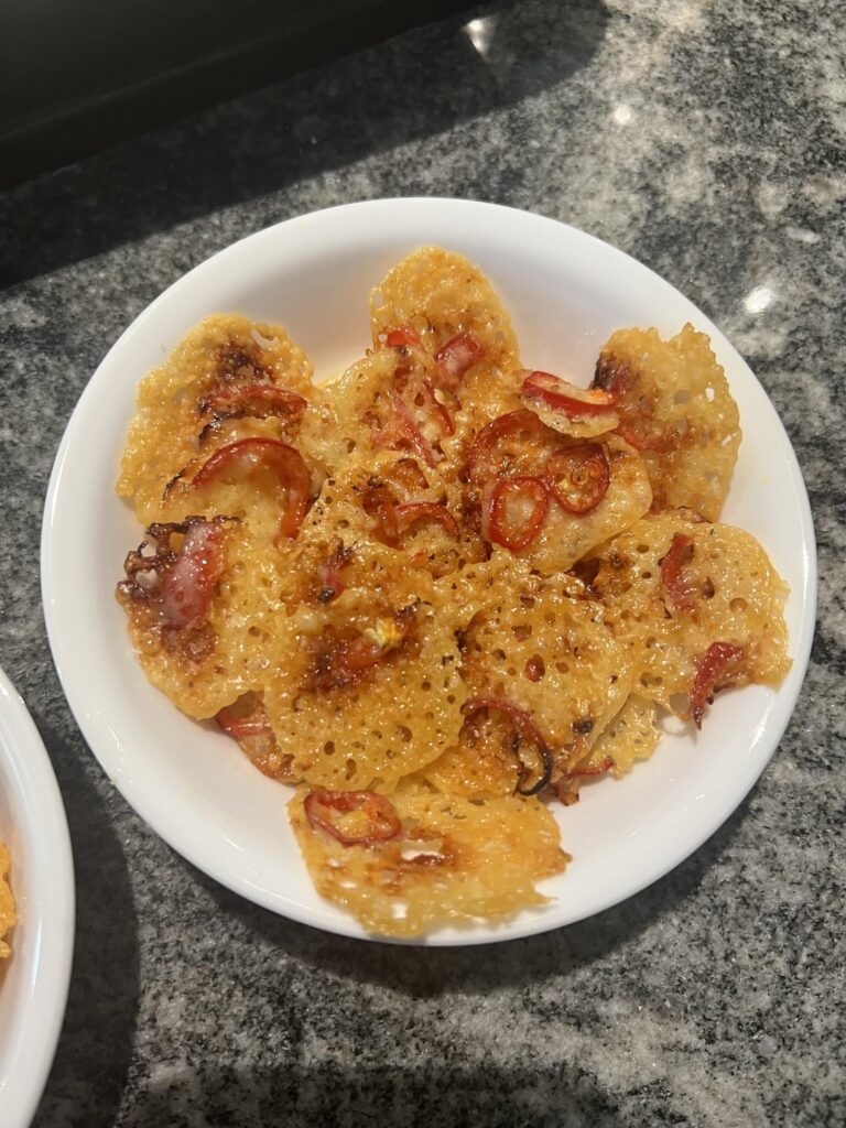 Fresno chilis and white cheddar cheese