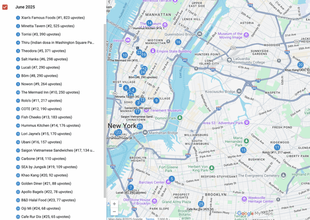 I plotted r/FoodNYC’s most upvoted restaurants of June on a custom Google Map I plotted r/FoodNYC's most upvoted restaurants of June on a custom Google Map