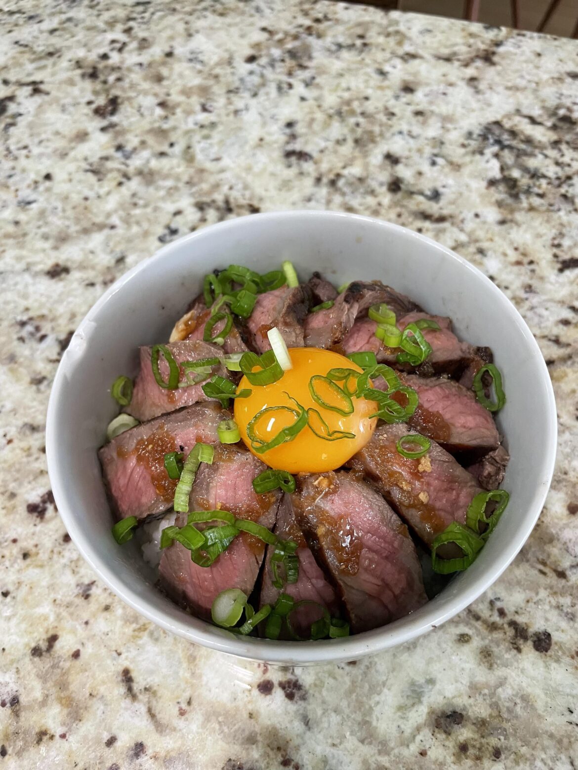 ステーキ丼 - My homemade Steak Donburi with egg yolk and onion steak sauce