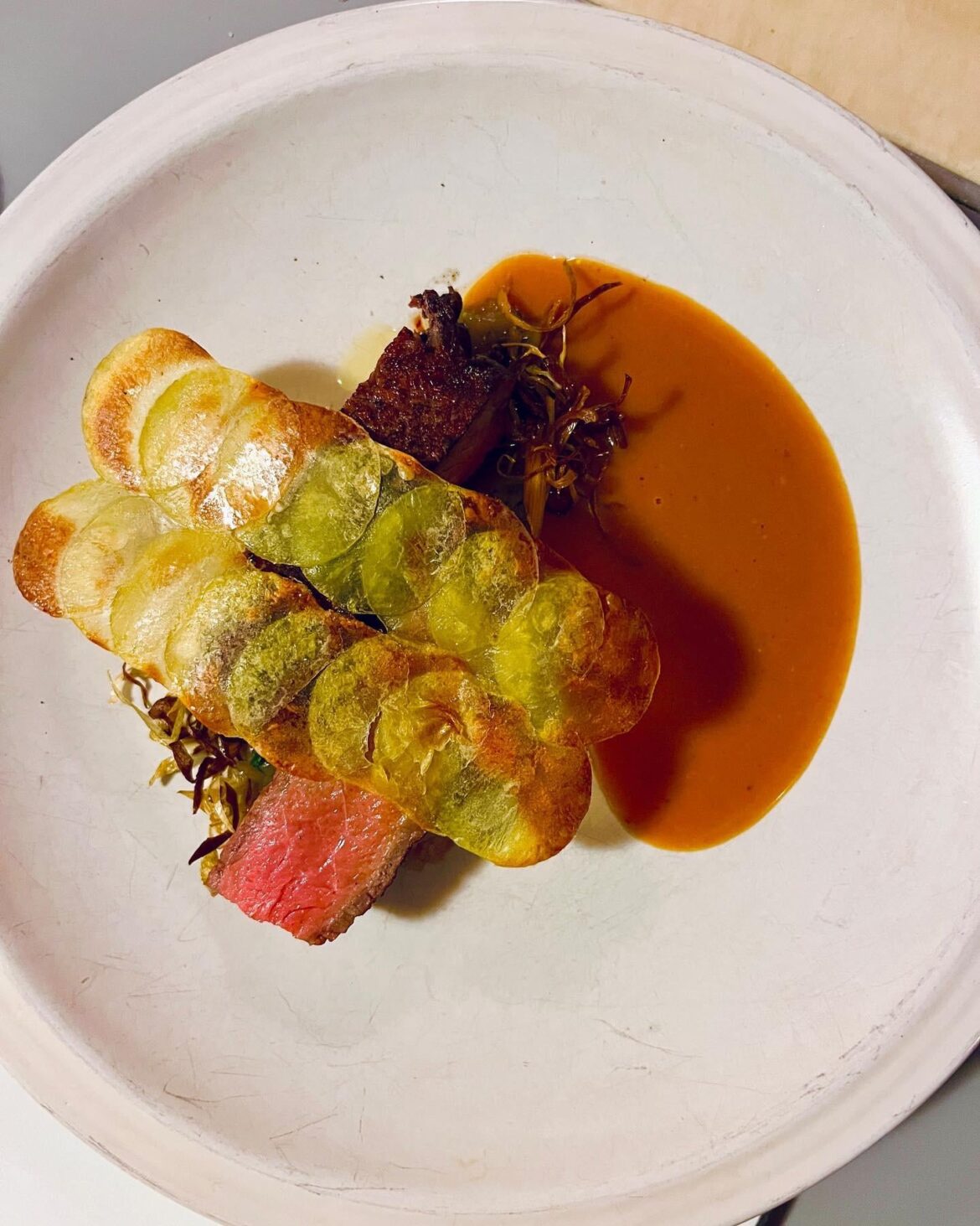 strip steak, ssamjang, leeks, pommes maxim