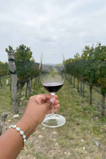 A woman with a glass of wine.