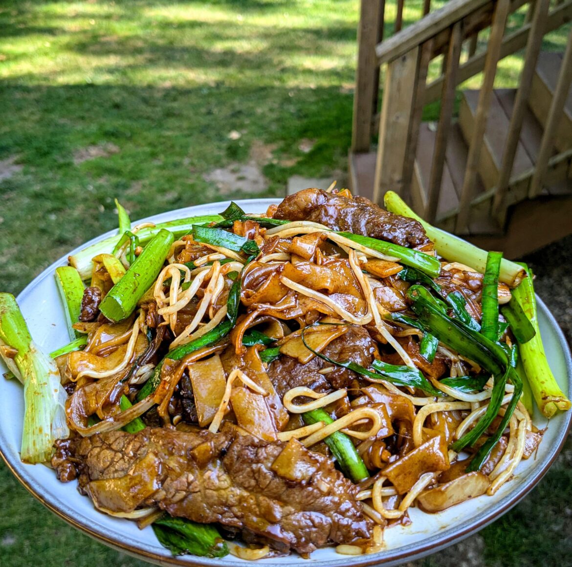 Homemade Beef Chow Fun made in my backyard.