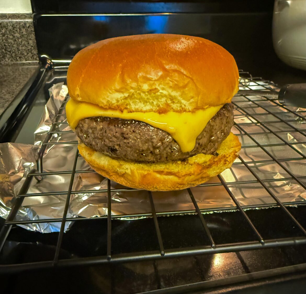 Cheeseburger to share, no frills…just cheese and mustard.