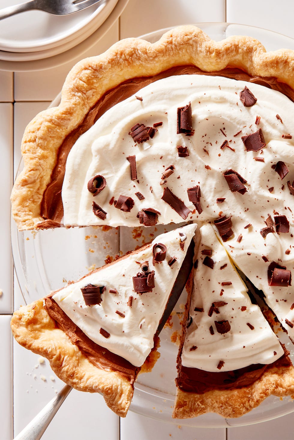 french silk pie with whipped cream and chocolate shavings