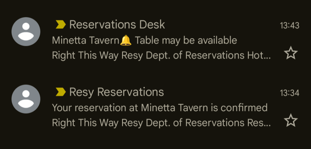 Make sure to have push notifications on - I would've missed out if I only went by email. Received 9 minutes after I snagged the table.