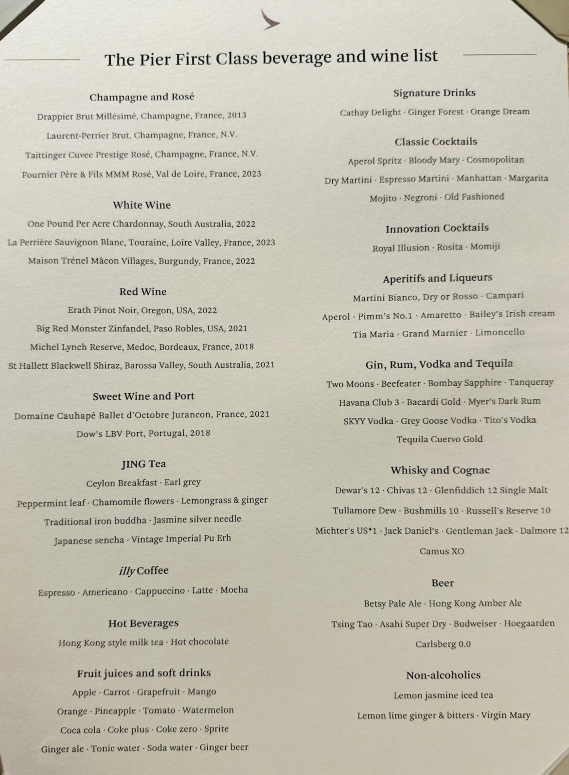 Cathay Pacific The Pier First Class Lounge Dining Room Wine List