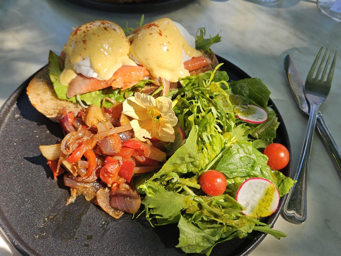 Lunch at a farm café: their take on eggs benedict, including smoked trout