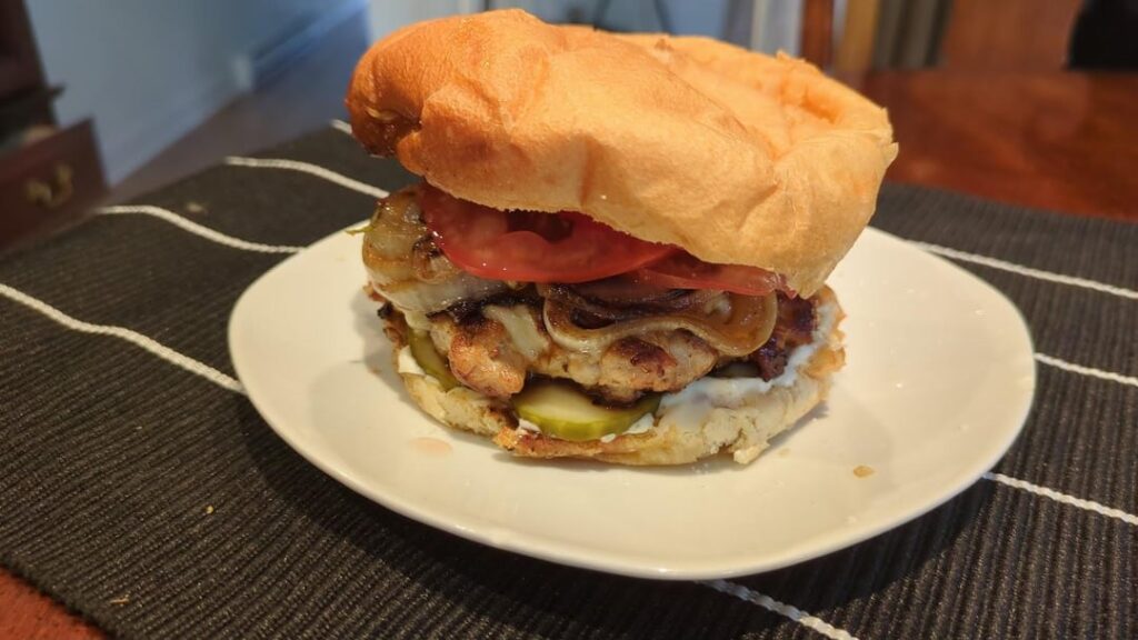 Pork cheese burger with grilled onions Pork cheese burger with grilled onions