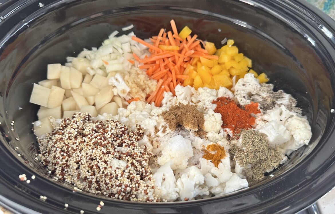 Recipe: Spiced Potato/Cauliflower/Quinoa/Veggie Soup (Slow cooker)(Vegetarian) Recipe: Spiced Potato/Cauliflower/Quinoa/Veggie Soup (Slow cooker)(Vegetarian)