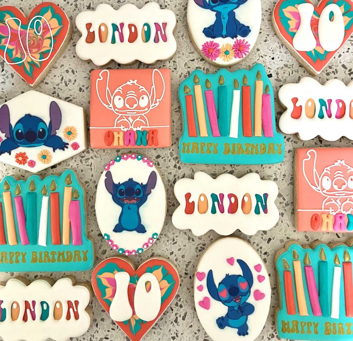 My customer wanted hippie/Stitch themed cookies for her daughter. The font is called “doobie” 🙃