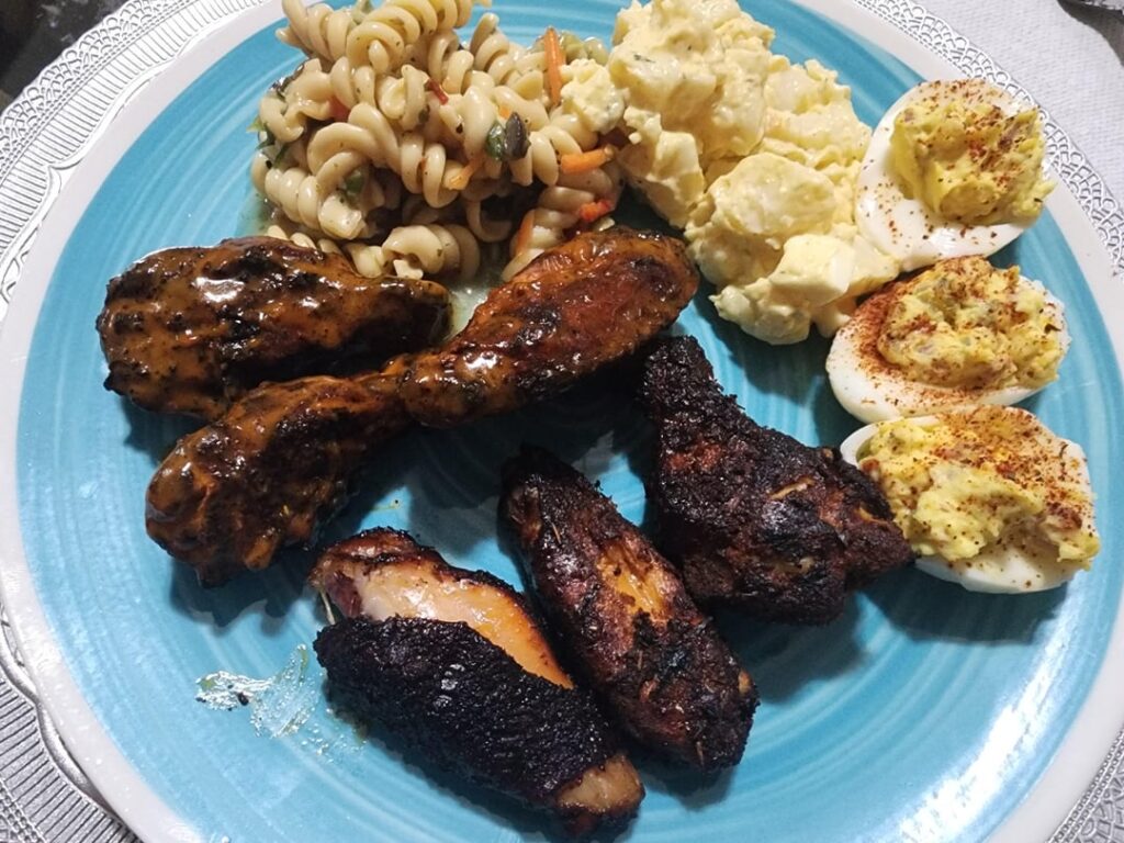 Cooked some wings in the smoker and crisped the skin up on the charcoal grill for a couple minutes after. Tossed half in buffalo left the other half dry rub. Smoked the eggs too instead of boiling.