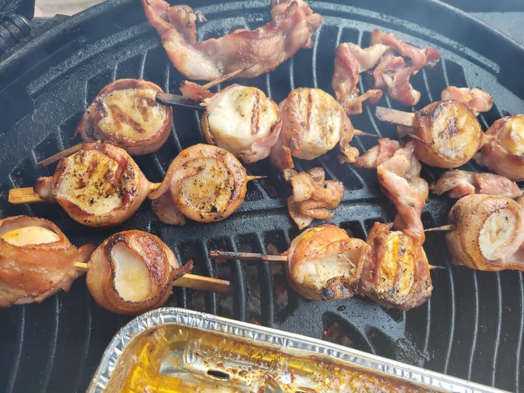 Smoked bacon wrap scallops and salmon.