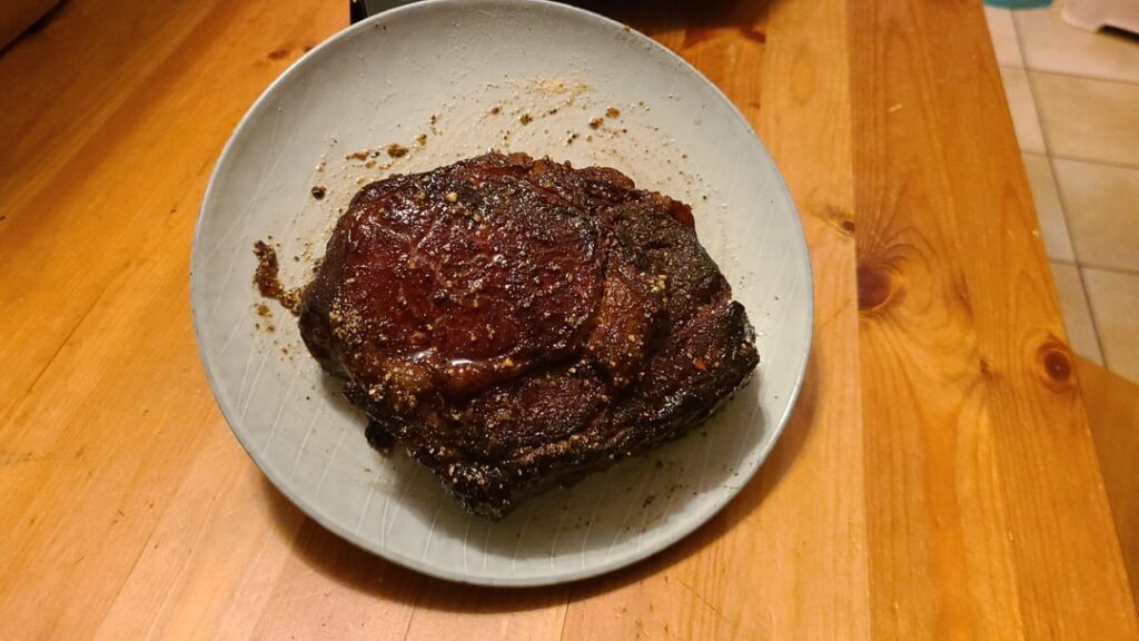 Smoked then seared pasture-raised Missouri Black Angus Chuck Eye steak.