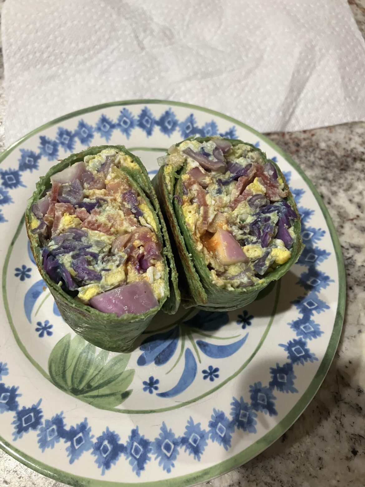 Clean out the fridge ingredients (cabbage, bacon, scallions) +  a few eggs & hot sauce and we’re in business!