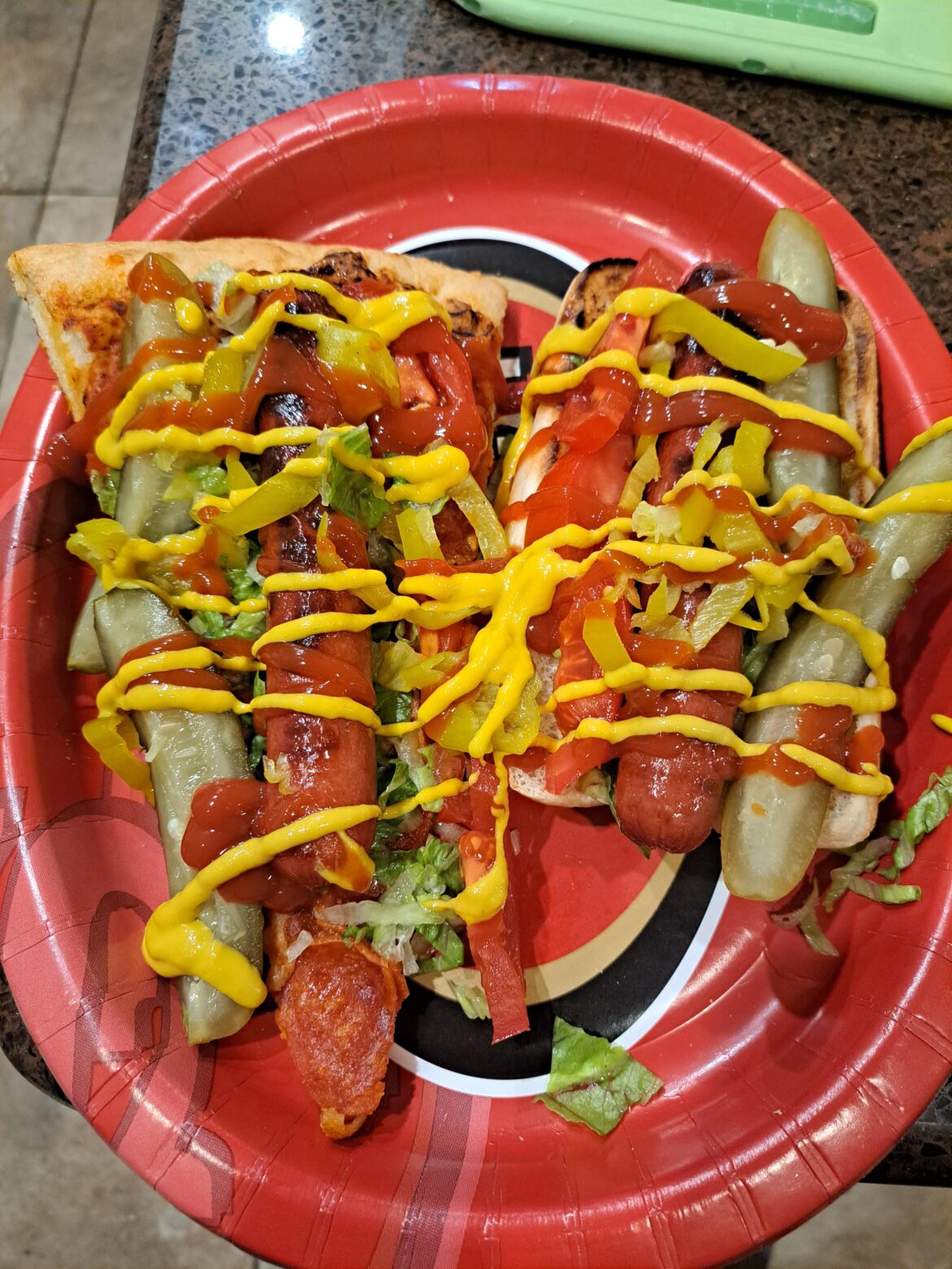 I only had one hot dog bun, so I used my last slice of pizza. (not OP)