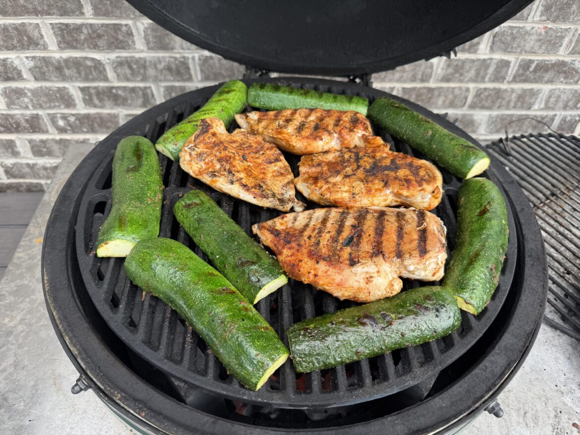 Meal prep Sundays. BBQ boneless chicken breasts and chile lime zucchini.