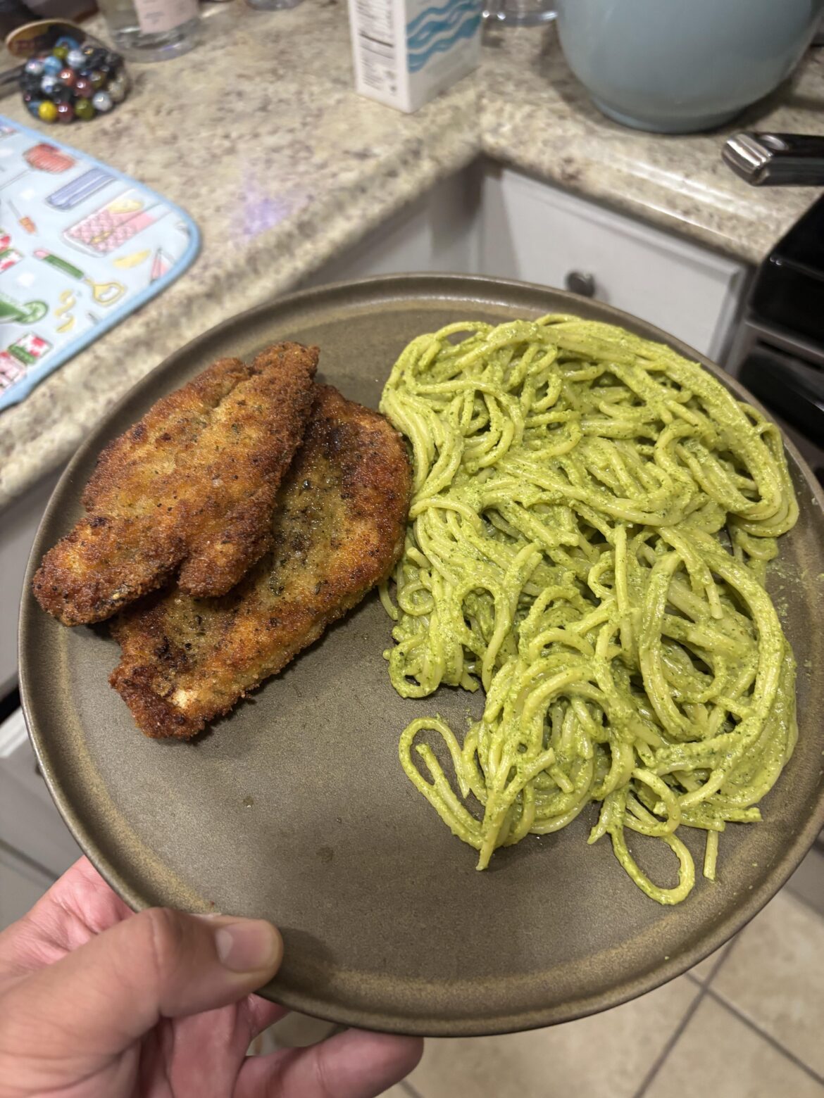 Pollo Empanizado and Green Spaghetti