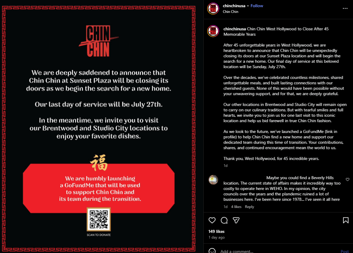 Chin Chin in WeHo is closing after 45 years