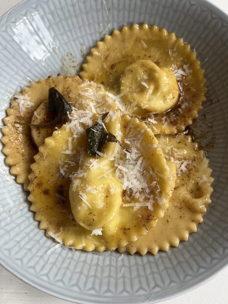 Ravioli with mashed potato’s, Fontina and Parmigiano cheese and mint