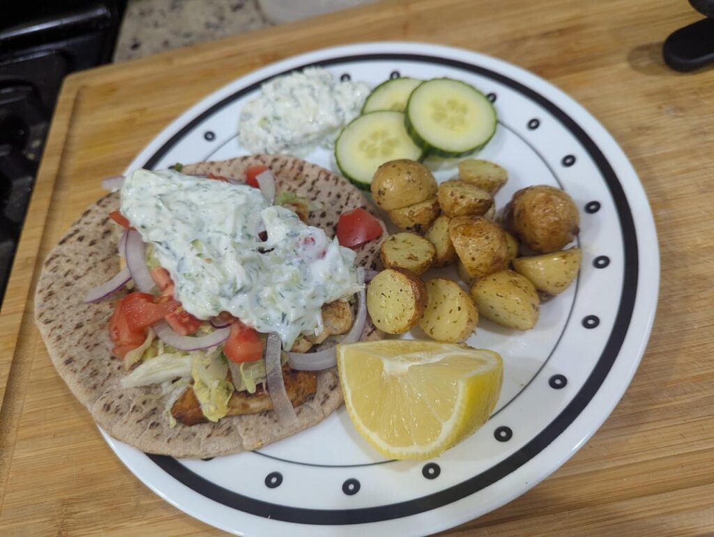 Chicken Souvlaki Wraps with Homemade Tzatziki & Roasted Potatoes (~550 kcal)