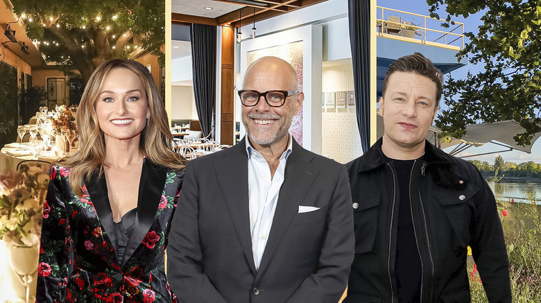 Giada De Laurentiis, Alton Brown, and Jaime Oliver in front of restaurants