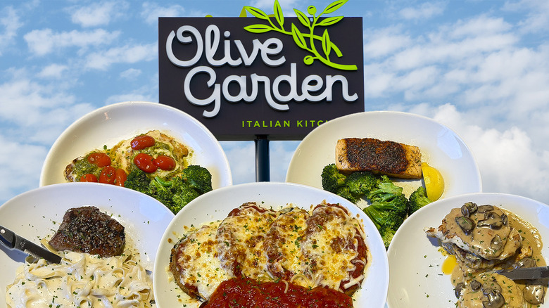 various dishes at olive garden in front of an olive garden sign
