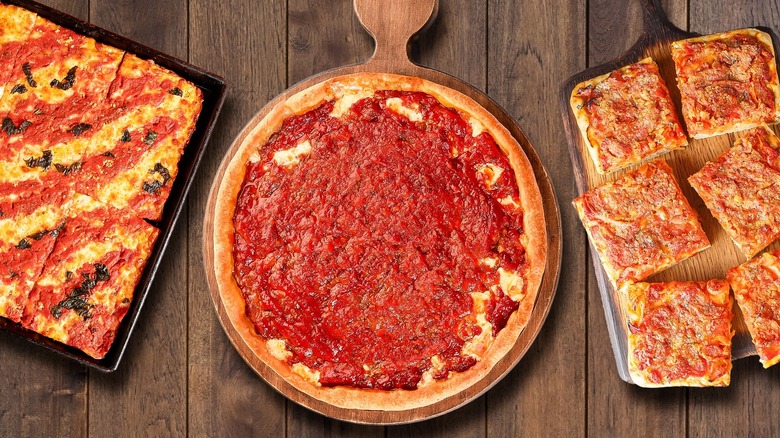 Composite image of various deep dish pizza styles