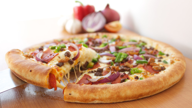 Everything pizza with cheese and pepperoni-stuffed crust.