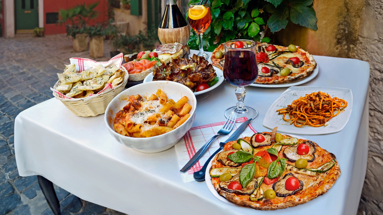 table of food at a restaurant in Italy