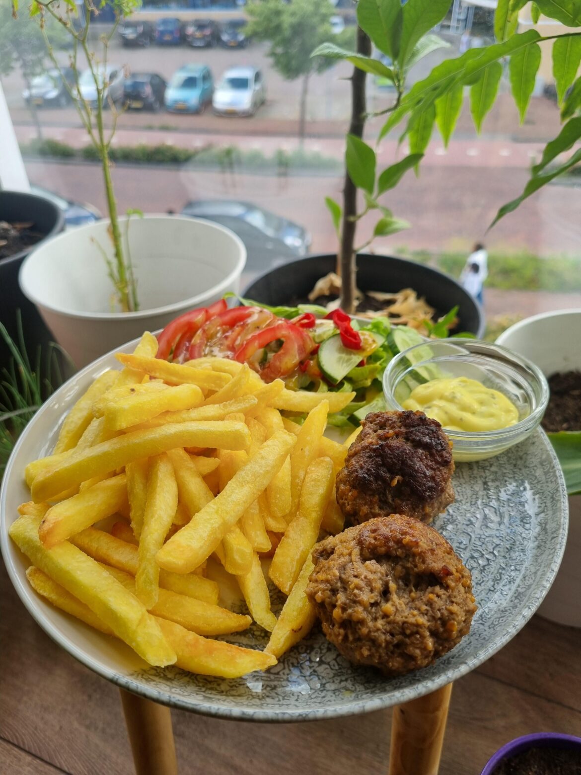Fries meatballs and salad
