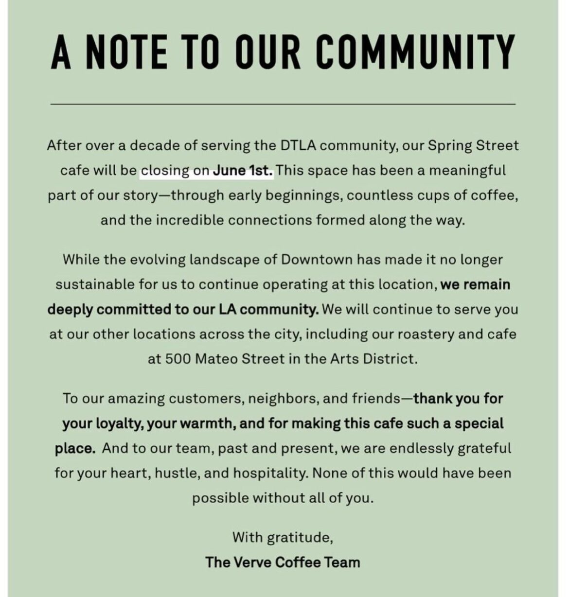 Verve Coffee is closing their Spring St location, citing ‘evolving landscape of downtown’