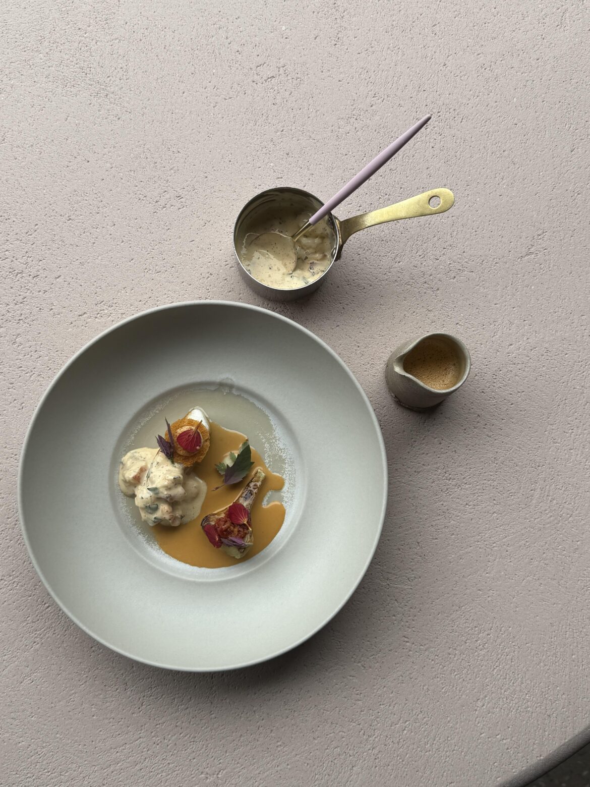 Baked turbot, lobster bearnaise, artichoke, piquillo pepper, sauce barigoule